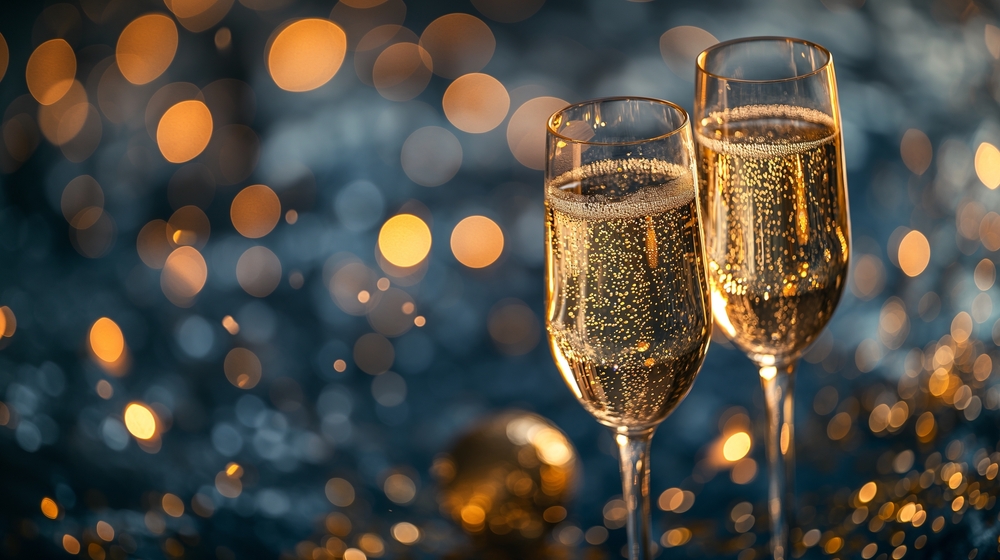 Two,Glasses,Of,Champagne,On,A,Festive,Bokeh,Background.,Merry